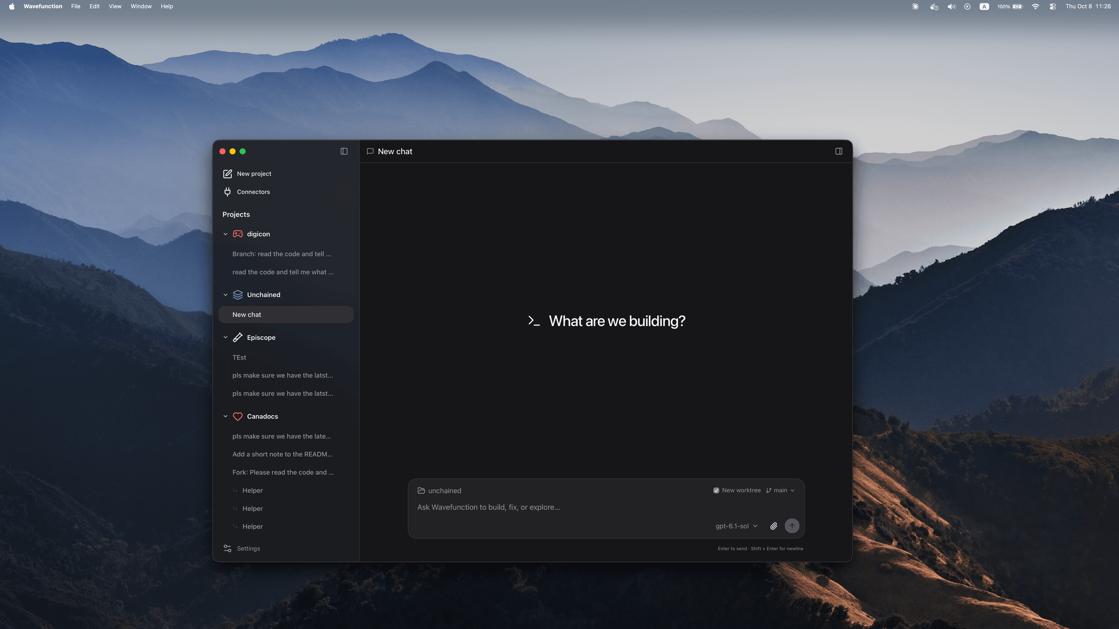 Wavefunction on a Mac desktop, with projects in the sidebar and a focused coding conversation.